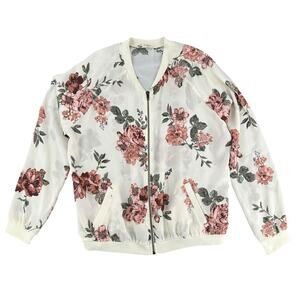 About A Girl White Floral Lightweight Bomber Jacket Zip Up XL Cottagecore